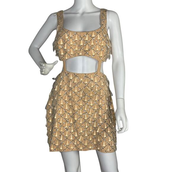 ASOS Design Mini Dress Drip Jewel Embellished Cutout Drop Waist Twill Beige Sz 8 - Picture 2 of 10